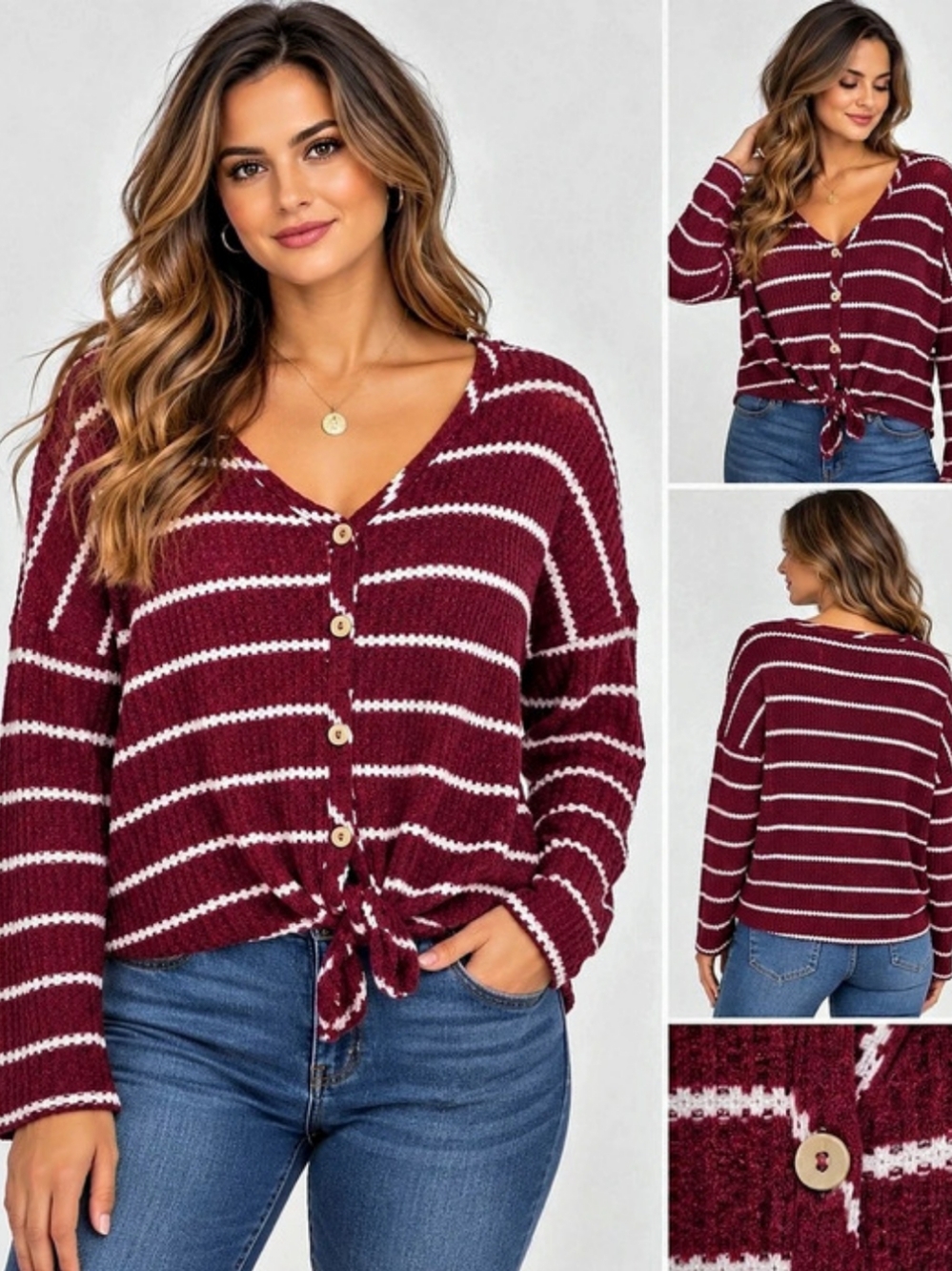 Altar'D State Striped Tie-Front Cardigan Burgundy Small